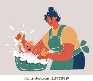 Cartoon vector illustration of Baby Bath Time. Mother or babysitter bathes the baby