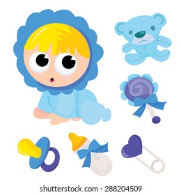 Cartoon vector illustration of baby boy and baby accessories like pacifier, toys and milk bottle.