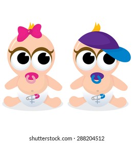 A cartoon vector illustration of a baby boy and baby girl.