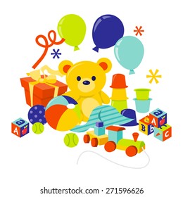 A Cartoon Vector Illustration Of Baby Gears And Toys Gift Hamper. 