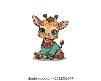 cartoon vector illustration of a baby giraffe in a green t-shirt