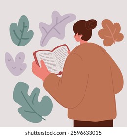 Cartoon vector illustration of Back rear view woman reading the book.