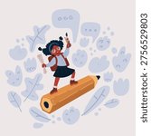 Cartoon vector illustration of Back to school! Happy child flying on the pencil and kids fly on book on sky. Concept of education and reading. The development of the imagination