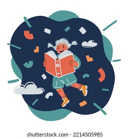 Ilustración vectorial de dibujos animados del concepto "Volver a la escuela". La chica lee el libro y vuela sobre el fondo oscuro
