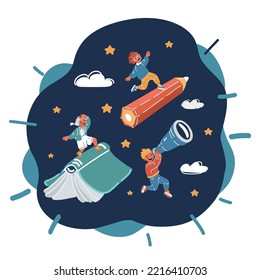 Cartoon vector illustration of Back to school! Happy child flying on the pencil and kids fly on book on sky. Concept of education and reading. The development of the imagination over dark background