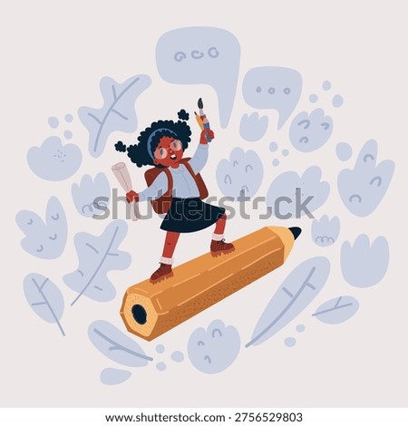 Cartoon vector illustration of Back to school! Happy child flying on the pencil and kids fly on book on sky. Concept of education and reading. The development of the imagination