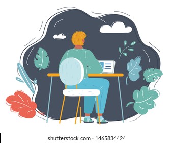 Cartoon vector illustration of Back view. Young woman sitting in office at table and using laptop. Student learning online concept. Overtime working at evening and night.