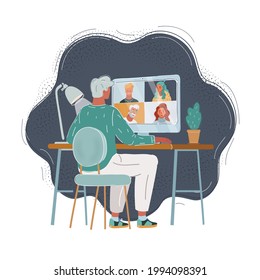 Cartoon vector illustration of back view woman at desk chat with her team. Make consultation or take convercation with family, friend or colleagues on dark background.