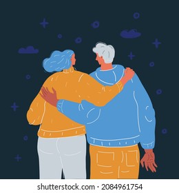 Cartoon vector illustration of Back view young couple hug. Back view couple on dark backround.