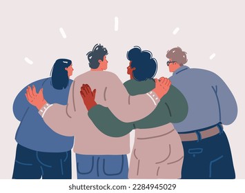 Cartoon vector illustration of Back view friends group. Hugging people team