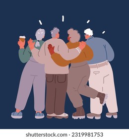 Cartoon vector illustration of Back view friends group. Hugging people team over dark background