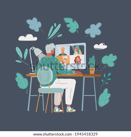 Cartoon vector illustration of Back view of man talking to him colleagues in video conference. Business team using chat calling for a online meeting. People smart working home