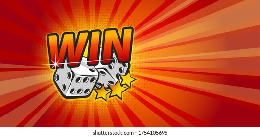 Cartoon vector illustration of background for game, playing cubes, stars and winner text, isolated on red background with lights