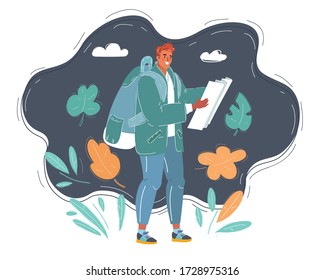 Cartoon vector illustration of backpacker looking at map.
