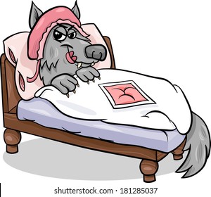Cartoon Vector Illustration Bad Wolf Character pretending Grandma from Little Red Riding Hood Fairy Tale