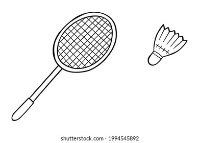 Cartoon vector illustration of badminton, racket and ball, shuttlecock. Black outlined and white colored.