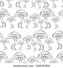 Cartoon vector illustration of balck and white mushroom seamless pattern. Unique texture for invitations, cards, websites, wrapping paper, textile, coloring. Drawing template isolated on background