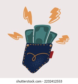 Cartoon vector illustration of banknotes in jeans pocket