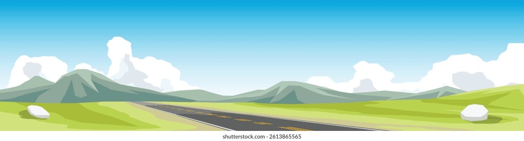 Cartoon Vector or Illustration banner of asphalt road. hilly road leading straight to the valley. Green open fields and mountain under blue sky for background.