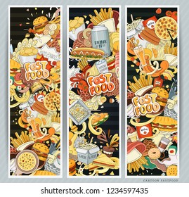 Cartoon vector illustration banner fast food. This collection include hamburger, snack, burger, french fries, barbecue, drinks and other items. Hand drawn. Abstract