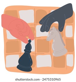 Cartoon vector illustration of Banner template with hand holding chess piece.
