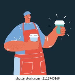 Cartoon vector illustration of barista hold two cups of coffee in disposable cups over dark backround.