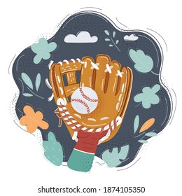 Cartoon vector illustration of Baseball glove on human hand and ball on dark background.