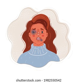 Cartoon vector illustration of Battered woman with Injuries, bruises and abrasions on the face. Victim and aggressor, domestic violence problem concept.