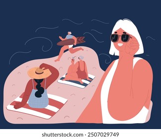 Cartoon vector illustration of Beach scene. Resort summer holidays. Young couple, man wearing summer suit and woman wearing swimsuit walking on the night beach over dark backround