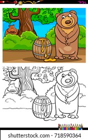 Cartoon Vector Illustration of Bear with Barrel of Honey Coloring Book Activity