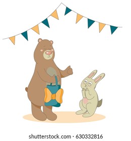 Cartoon vector illustration. A bear giving a gift to a little bunny