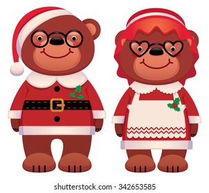 Cartoon vector illustration of a bear Santa Claus and his wife isolated on white background/Bear Santa Claus and his wife  isolated on white background/Cartoon vector illustration