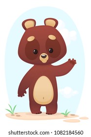 Cartoon vector illustration of a bear waving hand. Isolated on colorful background