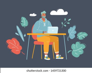 Cartoon vector illustration of Bearded young man working on office at night. Man using contemporary notebook.