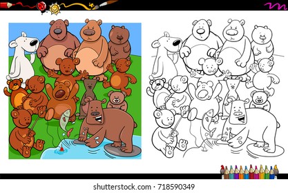 Cartoon Vector Illustration of Bears Animal Characters Group Coloring Book Activity