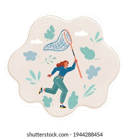 Cartoon vector illustration of Beautiful girl with a butterfly net run and jumping