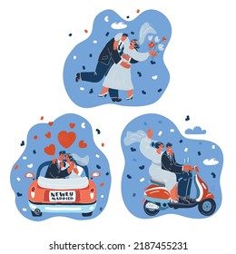 Cartoon Vector Illustration Of Beautiful Pregnant Asian Woman Stand Wedding Couple Dance Together, Ride In Car Or Scooter. Honey Moon And Newly Married Concept