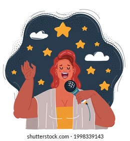 Cartoon vector illustration of Beautiful singer on stary dark background