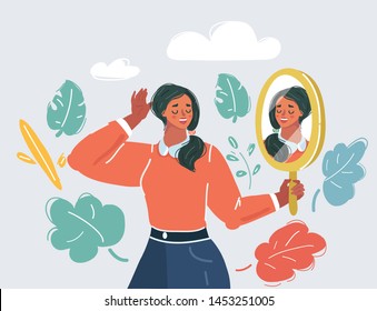 Cartoon Vector Illustration Of Beautiful Woman Staring At Her Reflection In A Mirror. Self Love Confidence Concept