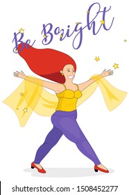 Cartoon vector illustration of beautiful  woman with rad hair . Flat illustration of happy plump girl. Isolated illustration on white backgrounde