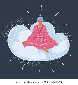 Cartoon vector illustration of beautiful young woman sitting on clouds on dark bakcround.