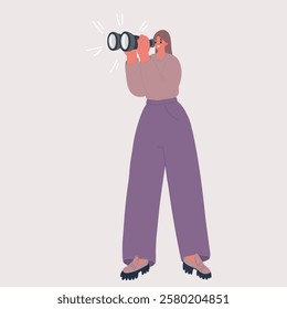 Cartoon vector illustration of Beautiful Young Woman Looking Through Binoculars