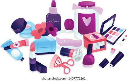 A cartoon vector illustration of a beauty cosmetic makeup collection like lipstick, brushes, nail polish, perfume and more.