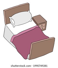 Cartoon vector illustration of bedroom and bed. Colored and black outlines.