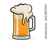 Cartoon vector illustration of a beer mug with frothy foam. Isolated on white background. Perfect for pub, bar, Oktoberfest, party, menu design, brewery, and beer festival decoration.