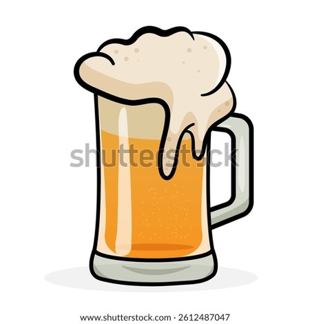 Cartoon vector illustration of a beer mug with frothy foam. Isolated on white background. Perfect for pub, bar, Oktoberfest, party, menu design, brewery, and beer festival decoration.