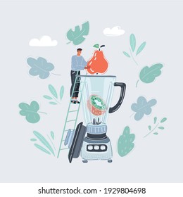Cartoon vector illustration of big Blender and tiny man make fruit smoothie isolated on white background.