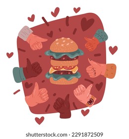 Cartoon vector illustration of big burger and shows thumb up hands arround