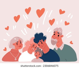 Cartoon vector illustration of Big family together Happy mother, father, children and grandparents standing together.