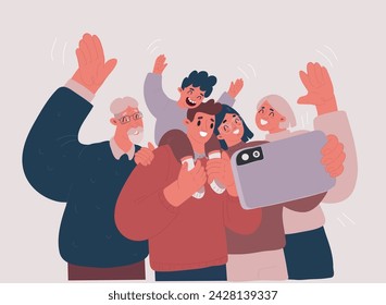 Cartoon vector illustration of big family take picture on phone together. Talking with reletives.